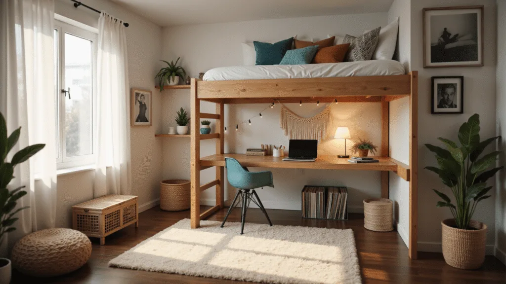 A cozy modern dorm room drenched in warm afternoon sunlight, featuring a lofted bed with white linens and earthy throw pillows, a sleek wooden desk, vinyl record storage, and a reading nook, all set against a backdrop of soft-focused, ambient lighting.