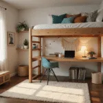 A cozy modern dorm room drenched in warm afternoon sunlight, featuring a lofted bed with white linens and earthy throw pillows, a sleek wooden desk, vinyl record storage, and a reading nook, all set against a backdrop of soft-focused, ambient lighting.