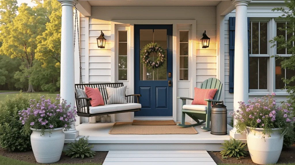 A photorealistic golden hour image of a charming farmhouse porch featuring a vintage swing, rocking chairs, and vibrant planters, illuminated by warm ambient lighting and dappled sunlight through maple trees.
