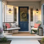 A photorealistic golden hour image of a charming farmhouse porch featuring a vintage swing, rocking chairs, and vibrant planters, illuminated by warm ambient lighting and dappled sunlight through maple trees.