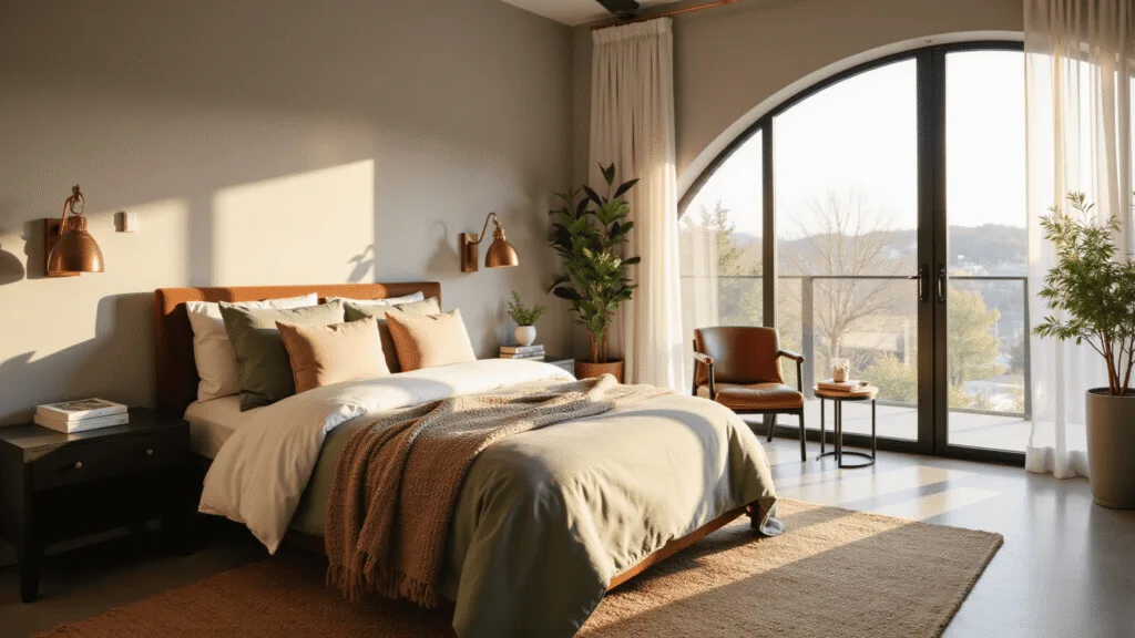 A serene modern bedroom adorned with luxurious sage green, cream, and blush linens, featuring a queen-sized bed, vintage brass sconces, a leather reading chair, and sleek black metal bedside tables, all illuminated by warm golden hour sunlight streaming through floor-to-ceiling windows.