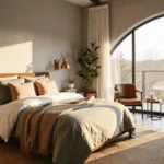 A serene modern bedroom adorned with luxurious sage green, cream, and blush linens, featuring a queen-sized bed, vintage brass sconces, a leather reading chair, and sleek black metal bedside tables, all illuminated by warm golden hour sunlight streaming through floor-to-ceiling windows.