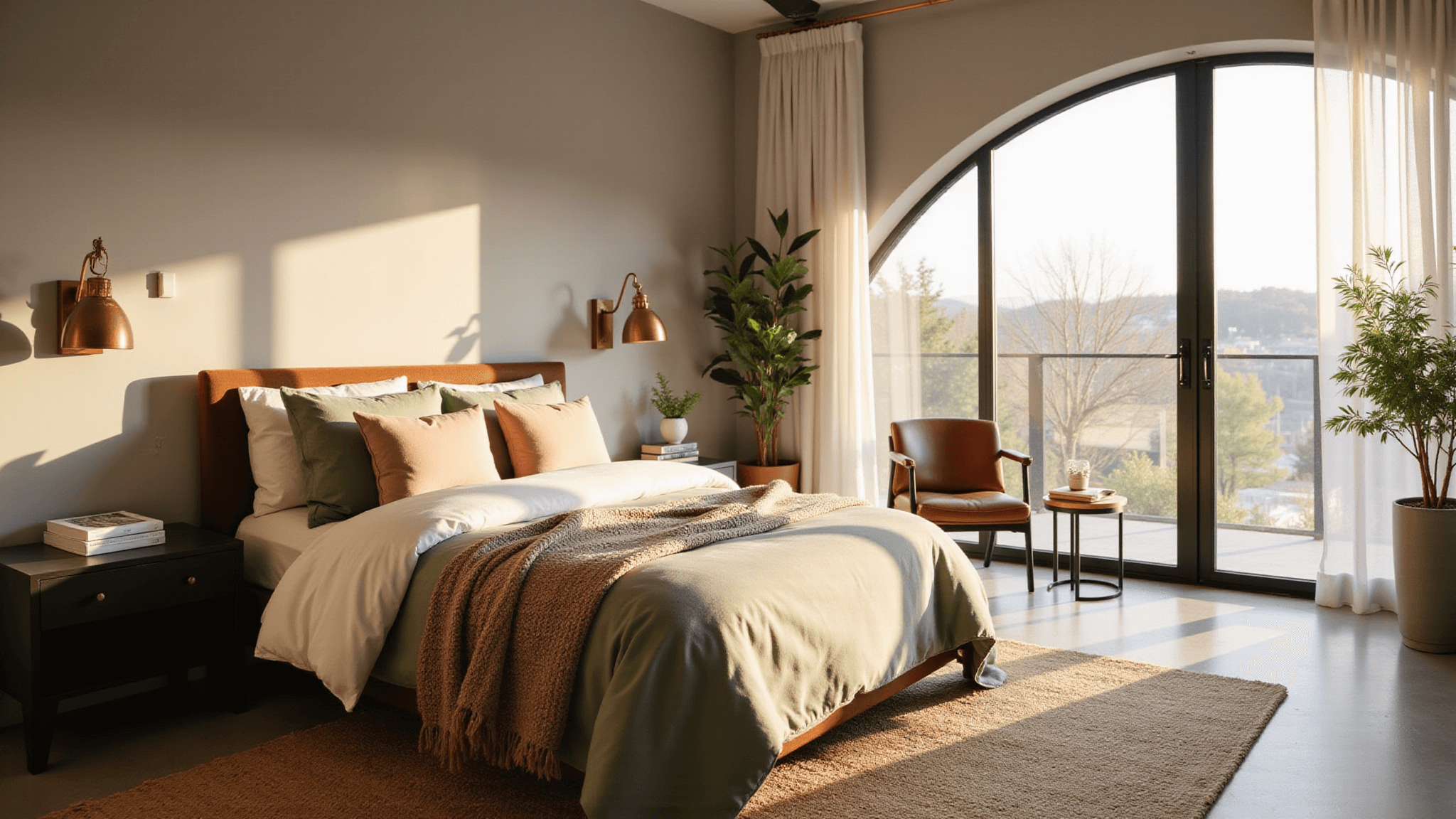 A serene modern bedroom adorned with luxurious sage green, cream, and blush linens, featuring a queen-sized bed, vintage brass sconces, a leather reading chair, and sleek black metal bedside tables, all illuminated by warm golden hour sunlight streaming through floor-to-ceiling windows.