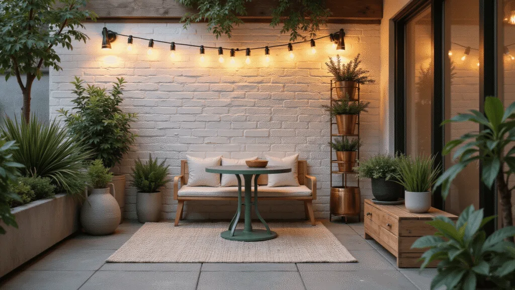 Photorealistic wide-angle view of a cozy urban patio at golden hour, featuring a matte sage green bistro set, warm ambient lighting from string lights, cascading potted plants, a weathered teak storage bench with cream cushions, and light limestone pavers, creating an intimate and inviting garden atmosphere.