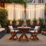 A cozy urban patio featuring a foldable acacia wood bistro set with cream cushions, semi-sheer outdoor curtains, copper-wire string lights, terra cotta pots with cascading plants, a matte black storage bench, and a jute rug, captured at golden hour with dramatic shadows and highlights.
