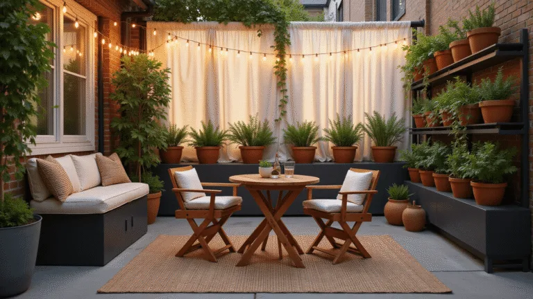 A cozy urban patio featuring a foldable acacia wood bistro set with cream cushions, semi-sheer outdoor curtains, copper-wire string lights, terra cotta pots with cascading plants, a matte black storage bench, and a jute rug, captured at golden hour with dramatic shadows and highlights.
