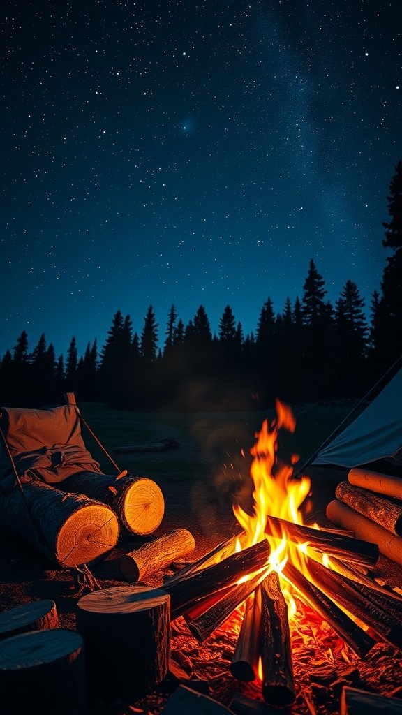 A cozy campfire setup at night with stars above, featuring logs and chairs around the fire.