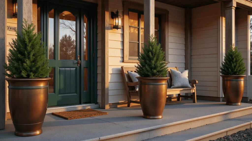 A photorealistic Craftsman-style porch featuring two tall copper planters with dwarf Alberta spruce trees, flanking a dark green door, bathed in warm golden hour light with dramatic shadows, vintage lanterns, and a weathered wooden bench, all presented in a shallow depth of field.