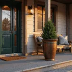 A photorealistic Craftsman-style porch featuring two tall copper planters with dwarf Alberta spruce trees, flanking a dark green door, bathed in warm golden hour light with dramatic shadows, vintage lanterns, and a weathered wooden bench, all presented in a shallow depth of field.