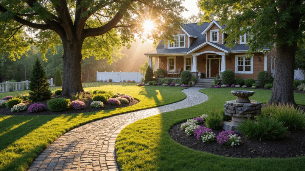 Photorealistic wide-angle shot of a charming craftsman-style home's front yard at golden hour, featuring a winding cobblestone path, layered garden beds with colorful perennials, a mature oak tree, and a stone water feature, framed by a white picket fence.