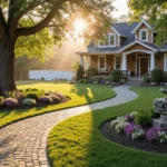 Photorealistic wide-angle shot of a charming craftsman-style home's front yard at golden hour, featuring a winding cobblestone path, layered garden beds with colorful perennials, a mature oak tree, and a stone water feature, framed by a white picket fence.