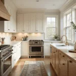 Photorealistic wide-angle shot of a luxurious transitional kitchen featuring cream shaker cabinets, Carrara marble countertops, a weathered oak island, and warm morning light illuminating the space. The image highlights antique brass hardware, white ceramic vases with eucalyptus, a vintage Persian runner, and professional-grade appliances, all in an architectural photography style with depth of field.