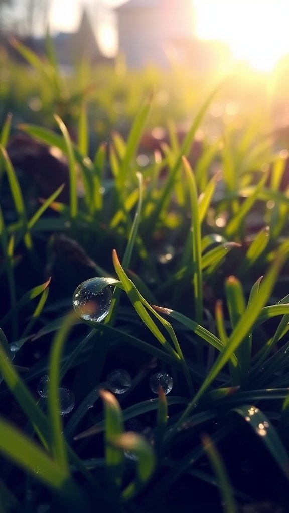 Close-up of grass with morning dew in soft sunlight