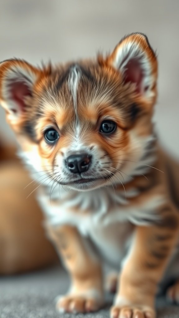 Close-up of an adorable puppy with fluffy fur and big eyes.