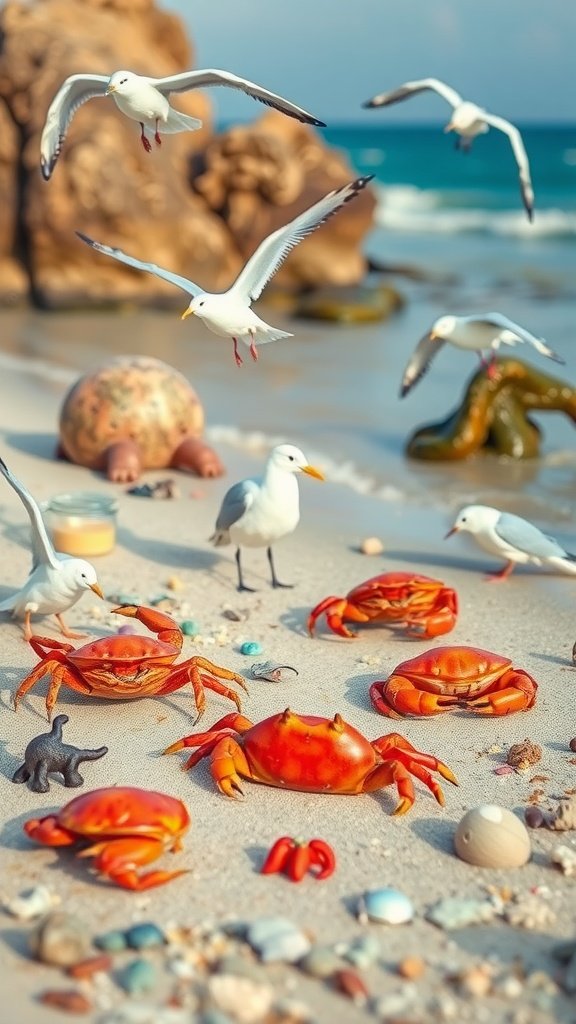 A sunny beach scene featuring playful crabs and seagulls.