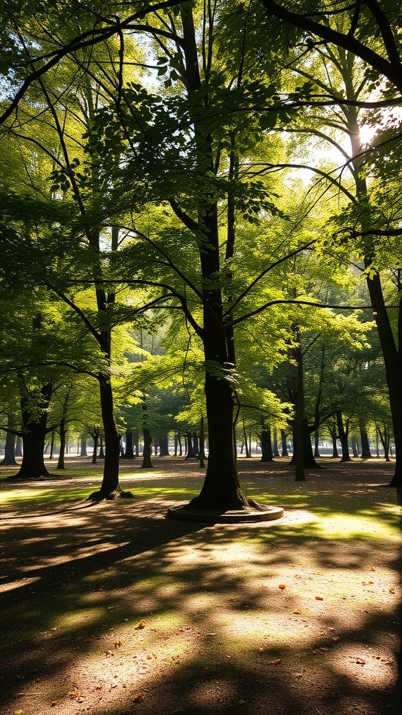 Sunlight filtering through lush green trees, creating a beautiful pattern of light and shadow on the ground.