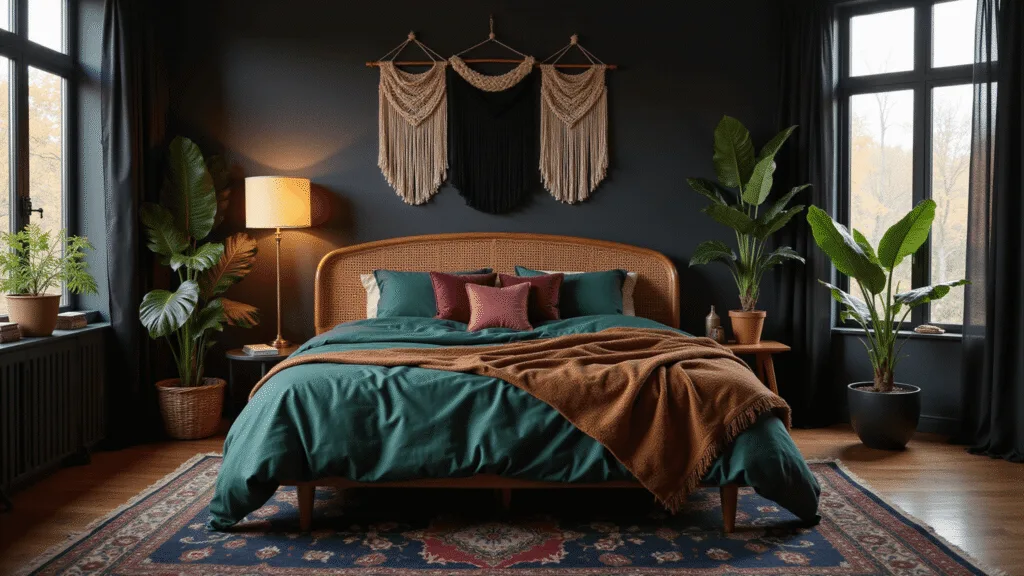 A moody boho bedroom with a king-sized bed adorned in emerald green and aubergine hues, featuring dramatic shadows from sheer black curtains and warm lighting from a brass floor lamp, framed by lush plants and a Persian rug in jewel tones.