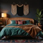 A moody boho bedroom with a king-sized bed adorned in emerald green and aubergine hues, featuring dramatic shadows from sheer black curtains and warm lighting from a brass floor lamp, framed by lush plants and a Persian rug in jewel tones.