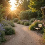 A photorealistic wide-angle shot of a dreamy cottage garden at sunset, featuring winding gravel paths, blooming David Austin roses, and layered flower beds with delphiniums, foxgloves, and lavender, alongside a vintage wrought iron bench, all bathed in warm golden light with soft bokeh effects.
