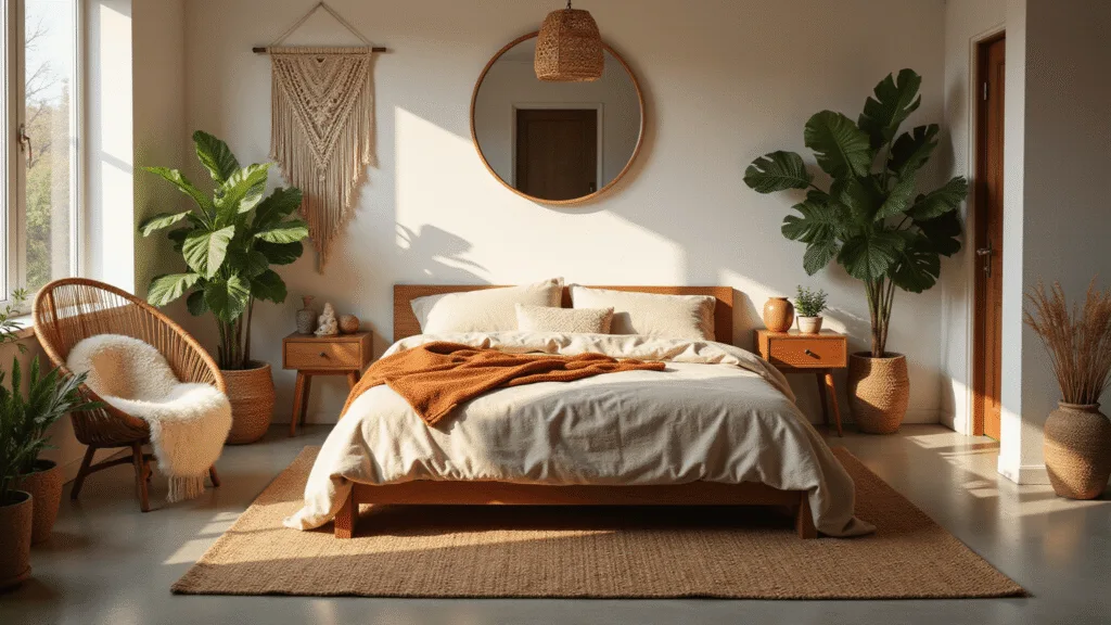 A sun-drenched boho bedroom featuring a wooden platform bed with oatmeal linen bedding, surrounded by lush plants and vintage decor, captured in warm light with a focus on natural textures.