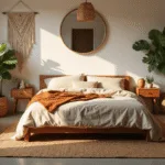 A sun-drenched boho bedroom featuring a wooden platform bed with oatmeal linen bedding, surrounded by lush plants and vintage decor, captured in warm light with a focus on natural textures.