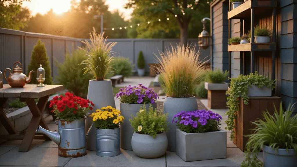 A cinematic golden-hour photograph of a layered patio garden featuring a weathered milk can with red geraniums, galvanized buckets with petunias and million bells, geometric concrete planters with ornamental grasses, and a vintage copper teapot with cascading ivy, all enhanced by warm evening light and decorative elements like metal flowers and string lights.