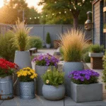 A cinematic golden-hour photograph of a layered patio garden featuring a weathered milk can with red geraniums, galvanized buckets with petunias and million bells, geometric concrete planters with ornamental grasses, and a vintage copper teapot with cascading ivy, all enhanced by warm evening light and decorative elements like metal flowers and string lights.