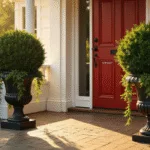 Photorealistic image of a grand entrance featuring a glossy red front door, flanked by black urns with manicured waxleaf privet topiaries, cascading greenery, and a weathered wood porch, captured during golden hour with warm lighting and a shallow depth of field.