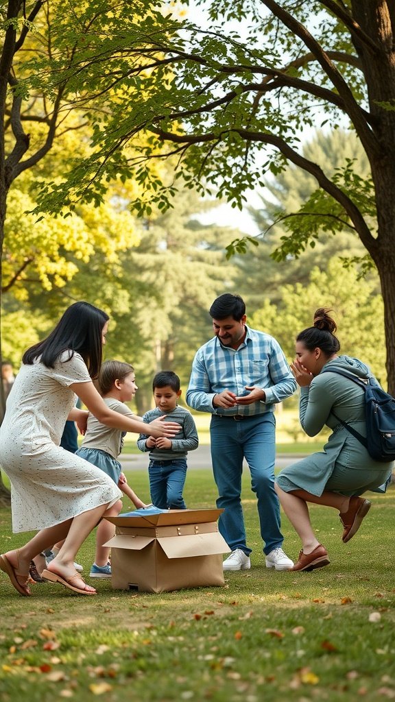 A family gathering in a park with children and adults enjoying time together