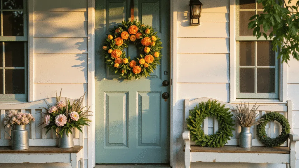 Cinematic golden-hour photograph of a farmhouse porch with multiple summer wreaths, featuring a sage green door, vibrant floral arrangements, and vintage milk cans, all captured with soft bokeh and warm lighting.