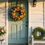 Cinematic golden-hour photograph of a farmhouse porch with multiple summer wreaths, featuring a sage green door, vibrant floral arrangements, and vintage milk cans, all captured with soft bokeh and warm lighting.