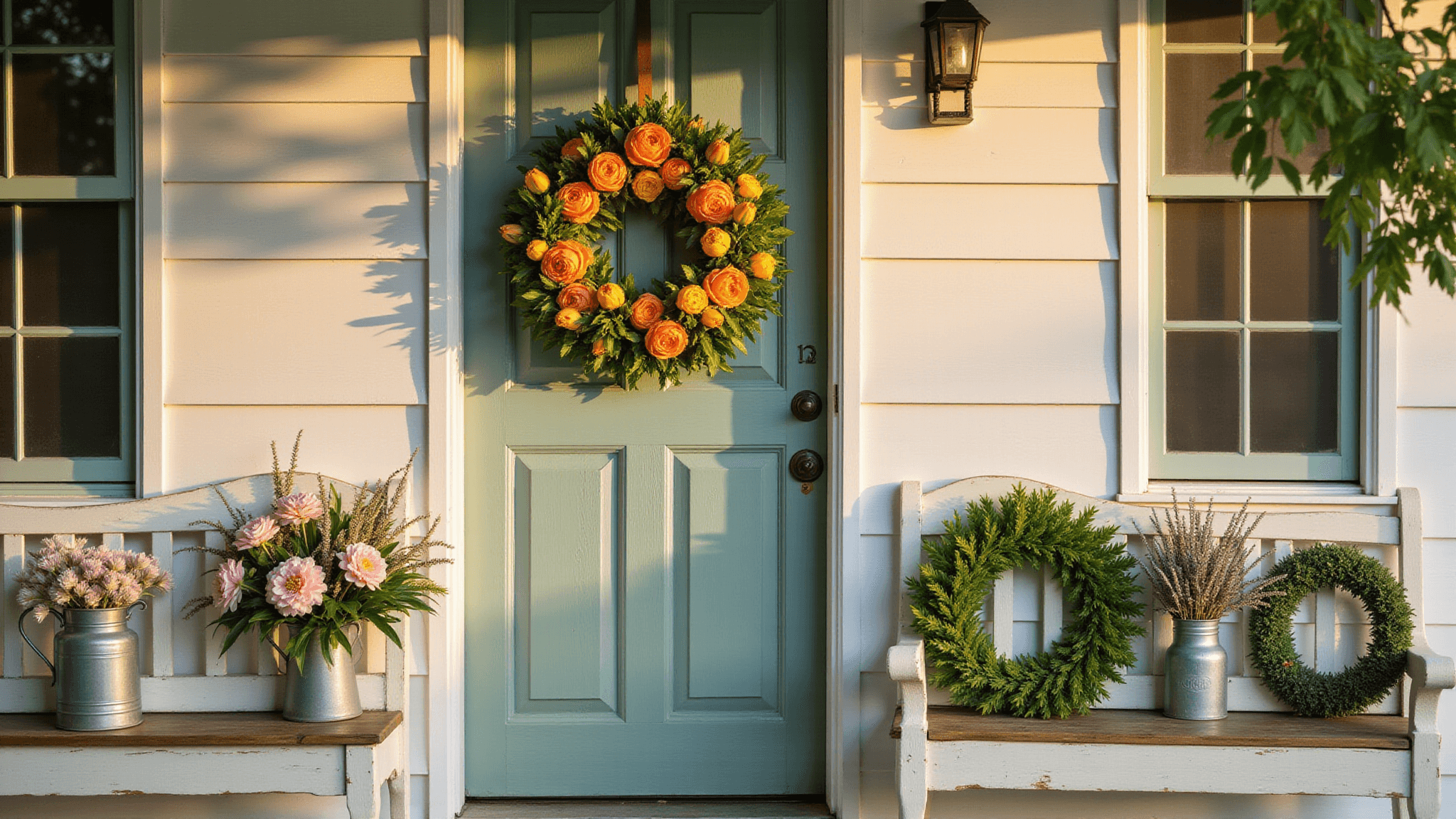 Cinematic golden-hour photograph of a farmhouse porch with multiple summer wreaths, featuring a sage green door, vibrant floral arrangements, and vintage milk cans, all captured with soft bokeh and warm lighting.