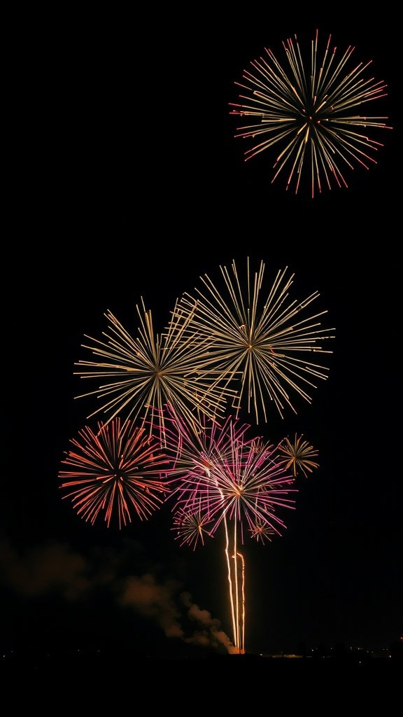 Colorful fireworks exploding in the night sky in star shapes.