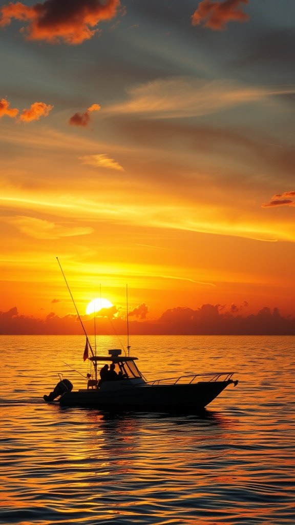 A fishing boat sailing on calm waters at sunset with vibrant orange and yellow hues in the sky.