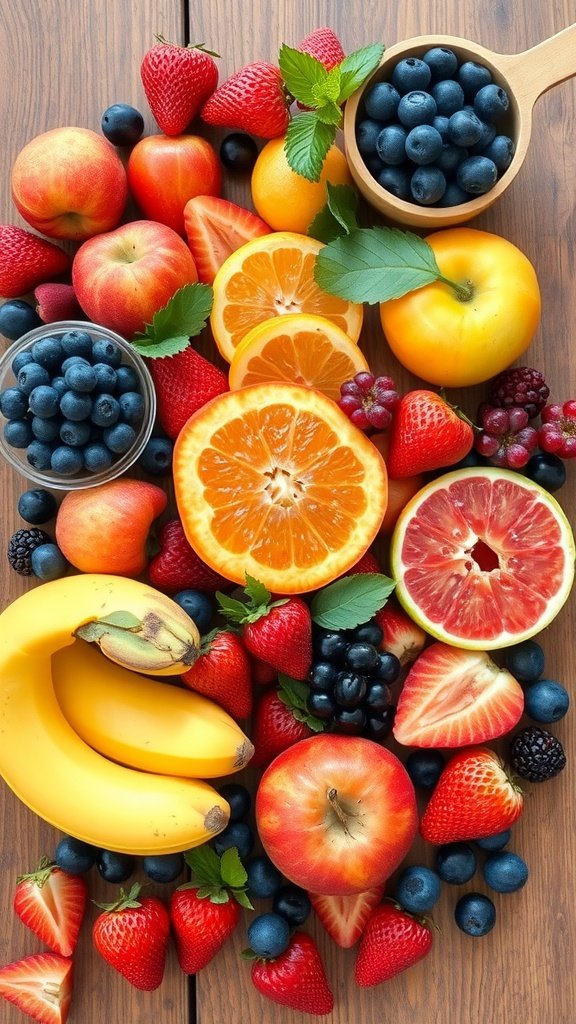 A colorful assortment of fresh fruits including strawberries, blueberries, oranges, and bananas arranged on a wooden table.