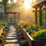 Photorealistic wide-angle shot of a front yard vegetable garden at sunrise, featuring raised cedar beds with vibrant vegetables, climbing trellises, a rustic wooden arbor, and decorative elements like a birdbath, all illuminated by warm golden light and morning mist.