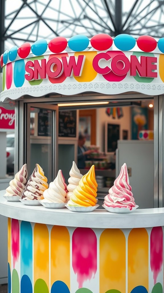 Colorful snow cone stand featuring a variety of flavors in swirled shapes.