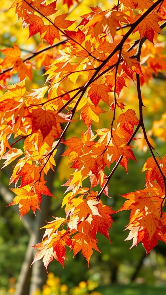 Close-up of vibrant autumn leaves in shades of orange and yellow.