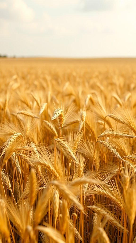 Golden wheat fields under a sunny sky, swaying gently in the breeze.