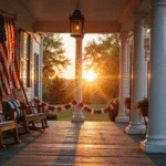 A grand colonial porch at sunset with an oversized American flag, rocking chairs, bunting, lanterns, and twinkling string lights, creating a warm, patriotic ambiance.