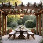 A cinematic golden hour photograph of a grand wooden pergola adorned with flowering wisteria and climbing roses, featuring a rustic farmhouse table set for dining, surrounded by a beautifully landscaped backyard filled with hydrangeas and ornamental grasses.