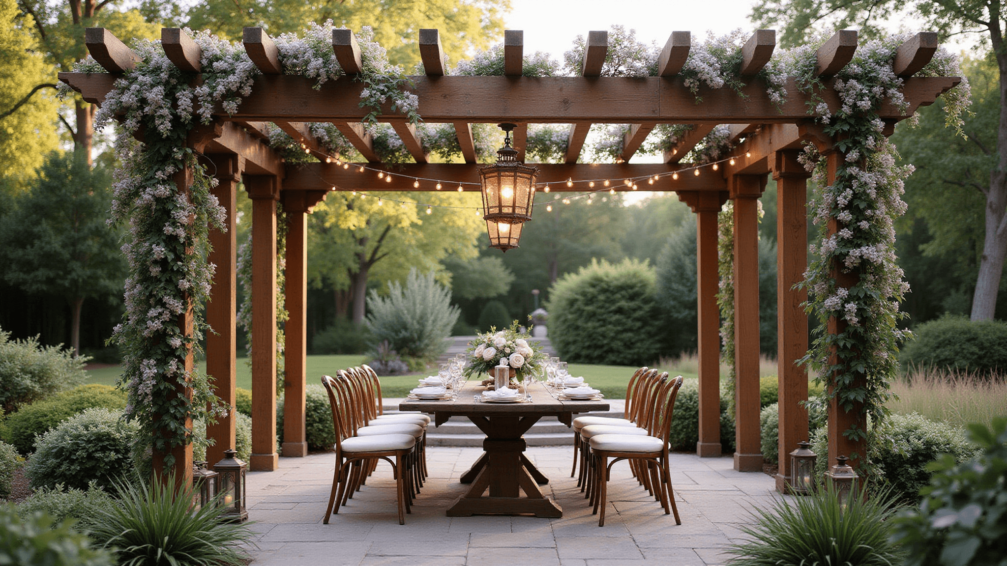 A cinematic golden hour photograph of a grand wooden pergola adorned with flowering wisteria and climbing roses, featuring a rustic farmhouse table set for dining, surrounded by a beautifully landscaped backyard filled with hydrangeas and ornamental grasses.