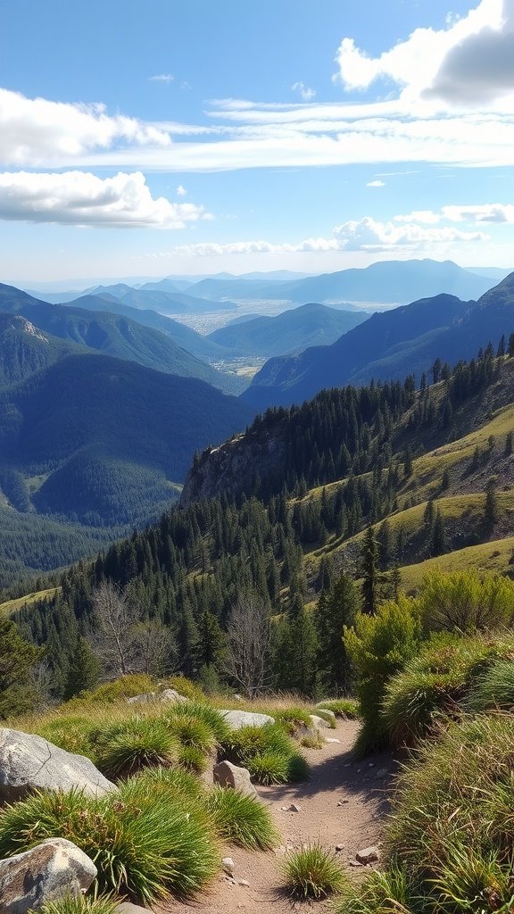 A picturesque view from a hiking trail overlook, showing mountains, valleys, and a clear blue sky.