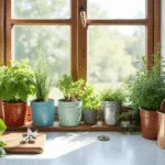 A vibrant indoor herb garden on a sunny kitchen windowsill featuring vintage tea tins and colorful colanders, with fresh basil, thyme, and rosemary basking in morning light, surrounded by a rustic wooden ladder and soft shadows in a high-end hygge atmosphere.