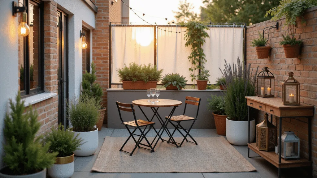 Cinematic photograph of a small urban patio at sunset, featuring a minimalist bistro set, potted plants, Edison string lights, and Moroccan lanterns, all bathed in warm golden light.