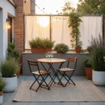 Cinematic photograph of a small urban patio at sunset, featuring a minimalist bistro set, potted plants, Edison string lights, and Moroccan lanterns, all bathed in warm golden light.