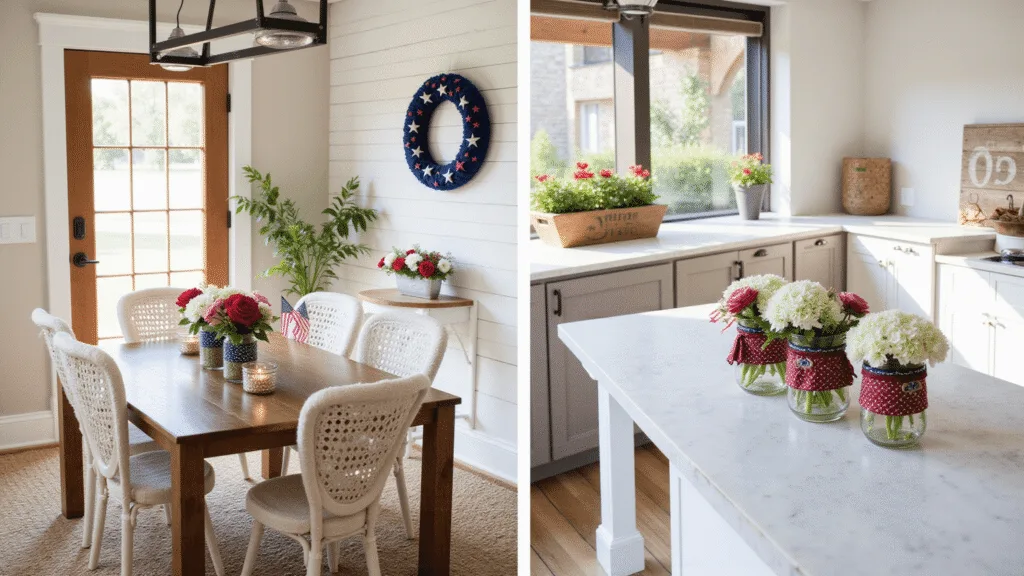 Photorealistic July 4th patriotic home decor collection featuring a farmhouse entryway with a pool noodle wreath, a rustic dining table with mason jar centerpieces, a watermelon centerpiece on a kitchen island, and a covered porch with ceramic planters, all bathed in golden hour light.