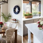 Photorealistic July 4th patriotic home decor collection featuring a farmhouse entryway with a pool noodle wreath, a rustic dining table with mason jar centerpieces, a watermelon centerpiece on a kitchen island, and a covered porch with ceramic planters, all bathed in golden hour light.