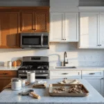 A split-screen view of a modern kitchen renovation, showcasing before and after cabinet painting; left side shows original wood cabinets with prep materials, while the right side displays newly painted white shaker cabinets, all enveloped in natural light with a focus on professional painting tools and detailed textures.