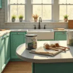 Photorealistic kitchen renovation in progress with sage green cabinets, organized painting supplies, and natural light illuminating white quartz countertops, showcasing before/after cabinet transformation and professional workspace organization.